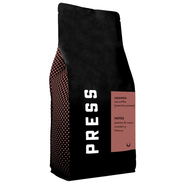 press coffee bag with red label