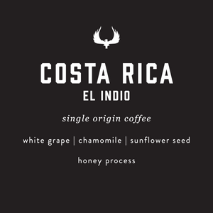Costa Rica el indio single origin coffee by Press Coffee. Featuring notes of white grape, chamomile, and sunflower seed. 
