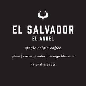 El Salvador El Angel coffee label with branding and flavor information on a black background