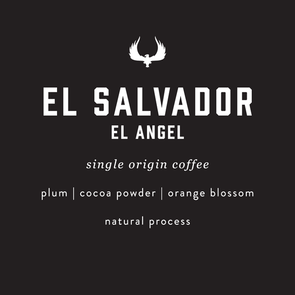 El Salvador El Angel coffee label with branding and flavor information on a black background