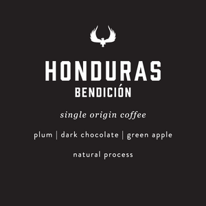 Honduras Bendicion coffee label with flavor notes on a black background