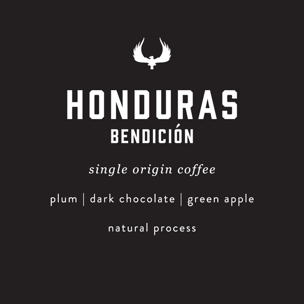 Honduras Bendicion coffee label with flavor notes on a black background