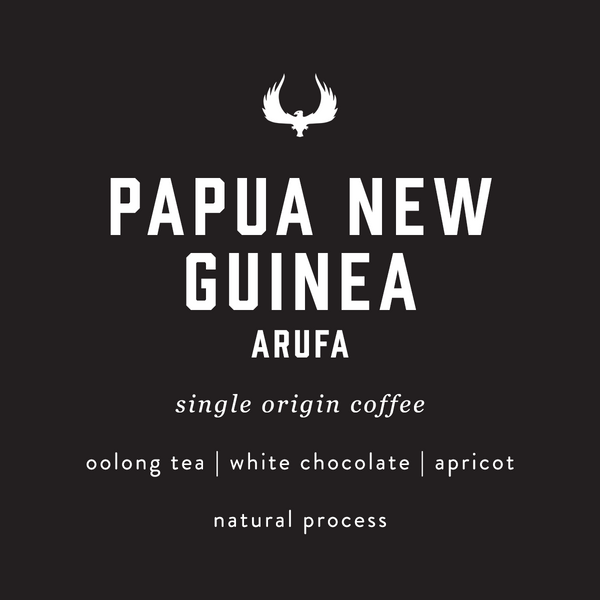 Papua New Guinea Arufa coffee label with branding on a black background