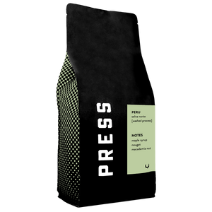 Black coffee bag with 'PRESS' branding and information on a white background