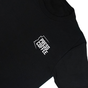 Black sweatshirt with 'Press Coffee' logo on a white background