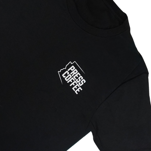 Black sweatshirt with 'Press Coffee' logo on a white background