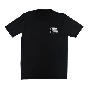 Black t-shirt with 'Press Coffee' logo on a white background