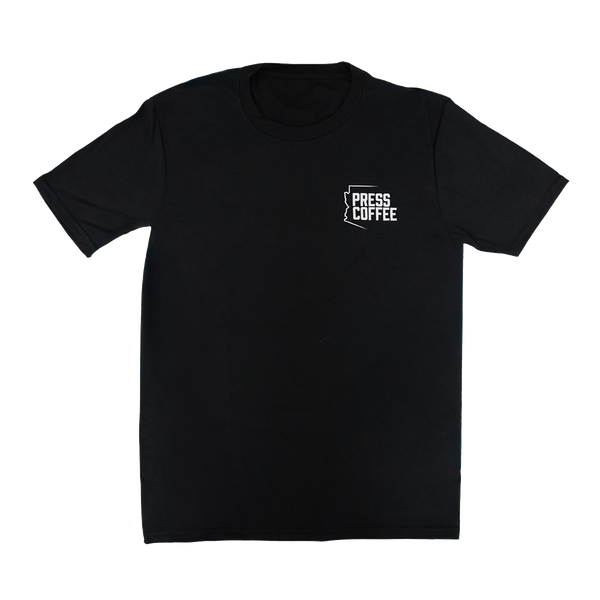 Black t-shirt with 'Press Coffee' logo on a white background