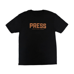 Black t-shirt with 'PRESS' printed in orange on a white background