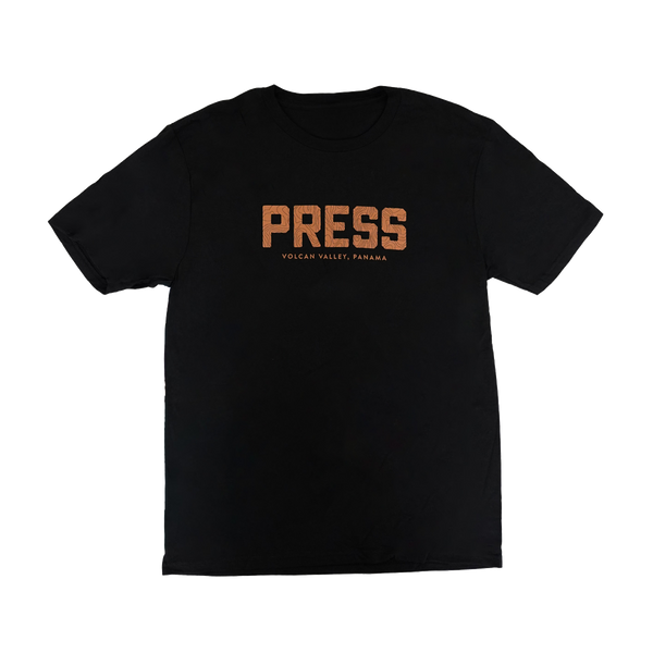 Black t-shirt with 'PRESS' printed in orange on a white background