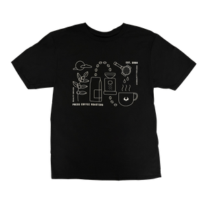 Black t-shirt with white coffee-themed graphics on a white background