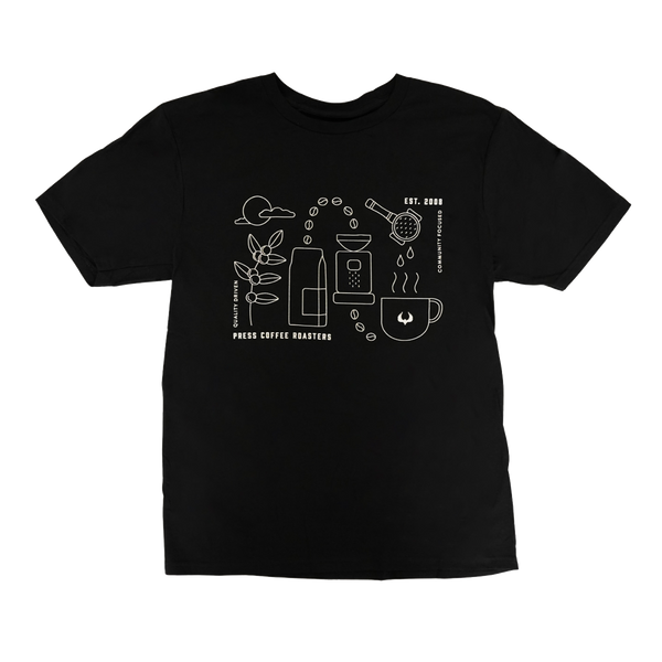Black t-shirt with white coffee-themed graphics on a white background