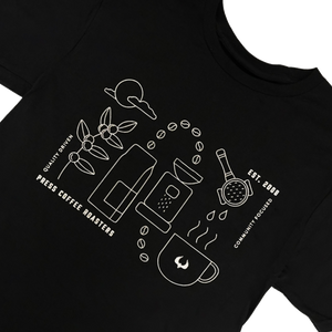 Black t-shirt with white coffee-themed graphics and text on a white background