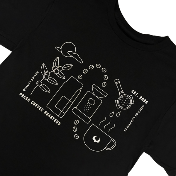 Black t-shirt with white coffee-themed graphics and text on a white background