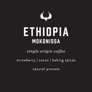 Label for Ethiopia Mokonissa single origin coffee with a black background