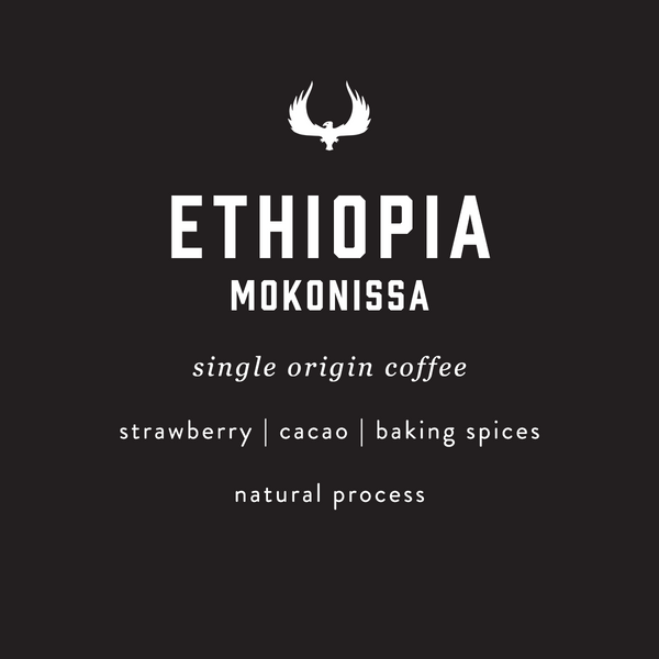 Label for Ethiopia Mokonissa single origin coffee with a black background