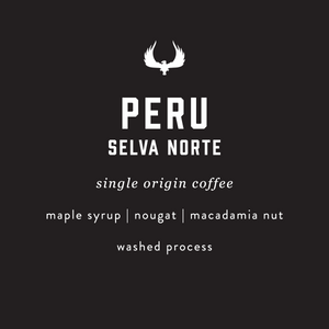 Peru Selva Norte single origin coffee label with branding and flavor information on a black background.