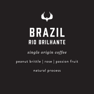 Coffee label for 'Brazil Rio Brilhante' single origin coffee with flavor notes on a black background.