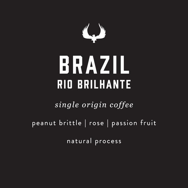 Coffee label for 'Brazil Rio Brilhante' single origin coffee with flavor notes on a black background.