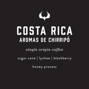 Costa Rica coffee label with flavor notes on a black background