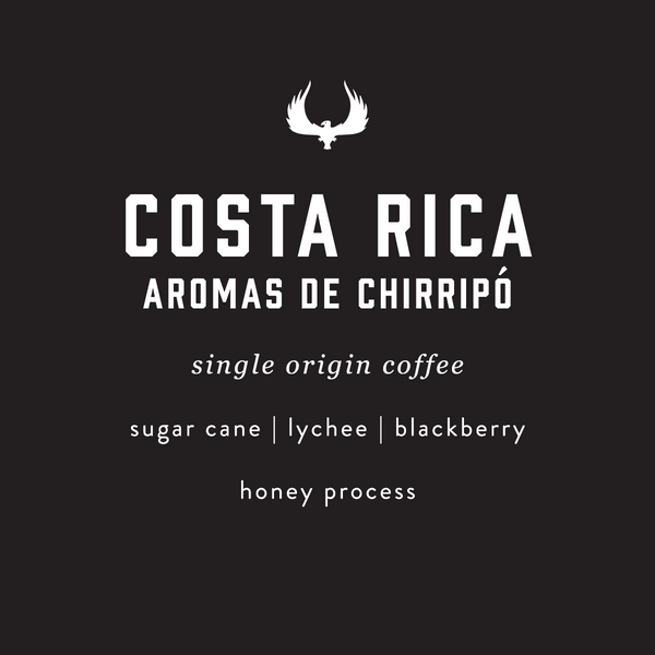 Costa Rica coffee label with flavor notes on a black background