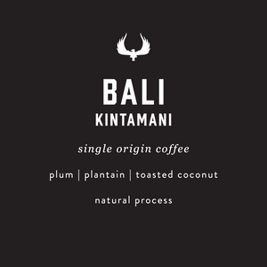 Bali Kintamani single origin coffee label with branding and flavor information on a black background.