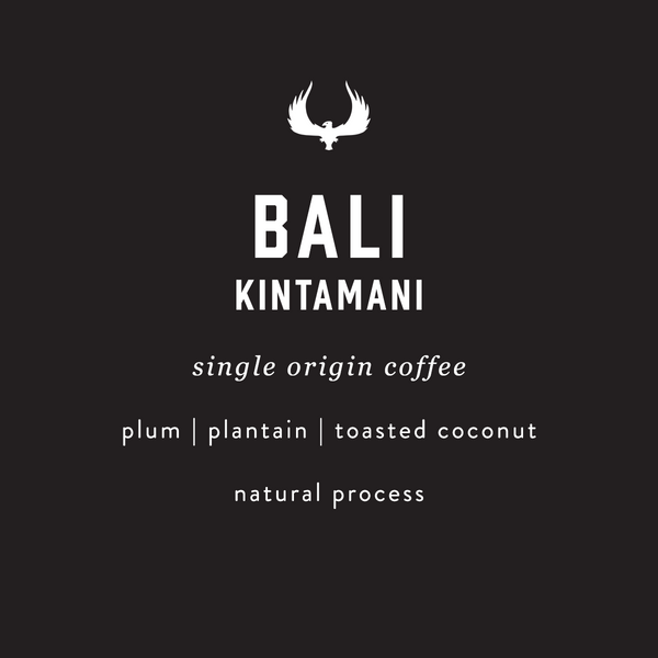 Bali Kintamani single origin coffee label with branding and flavor information on a black background.